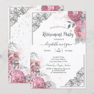 Chic Roses Flowers Silver Frame Retirement    Invitation