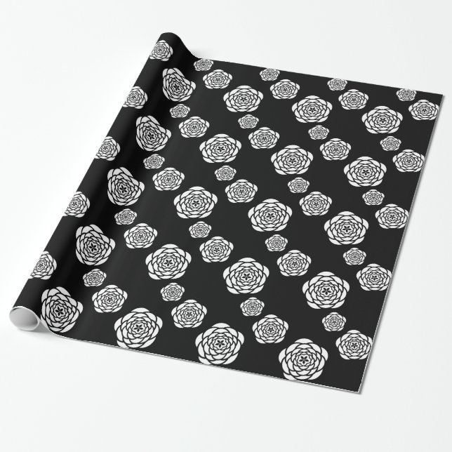 Chic Roses Pattern | Black and White Floral Wrapping Paper (Unrolled)