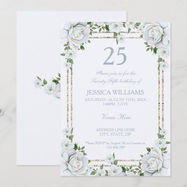 Chic Roses & Silver  Border Floral 25th Birthday Invitation (Front/Back)