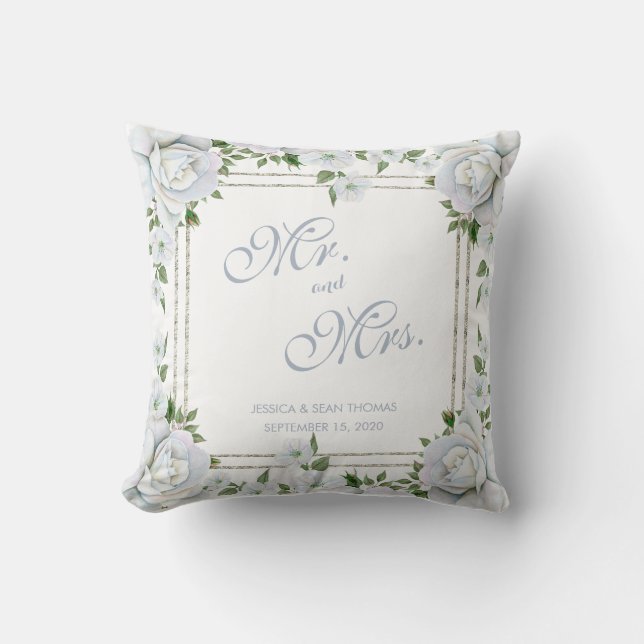 Chic Roses & Silver Border Floral Wedding Cushion (Front)