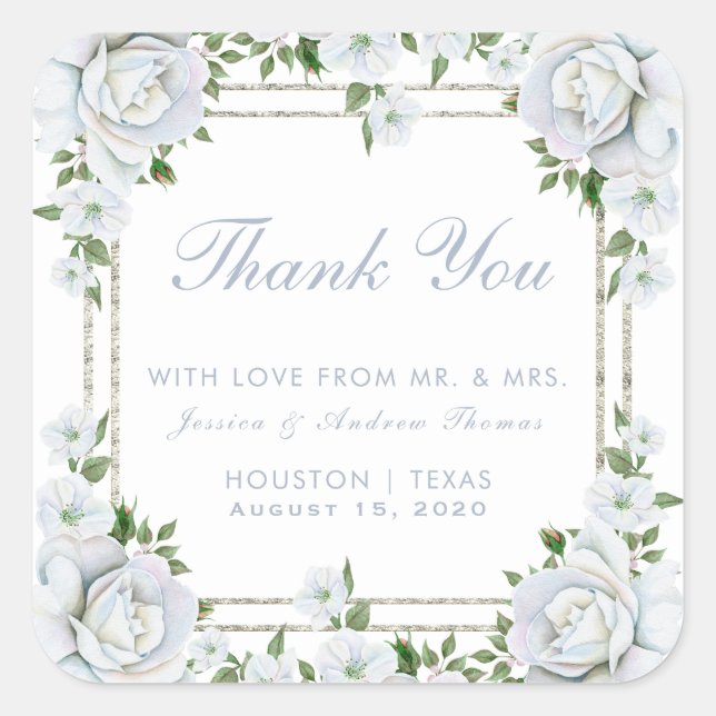 Chic Roses & Silver Border Floral Wedding Favour Square Sticker (Front)