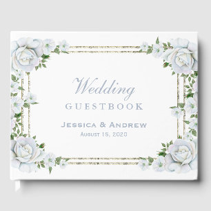 Chic Roses & Silver Border Floral Wedding Guest Book