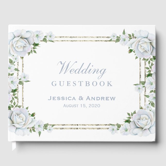 Chic Roses & Silver  Border Floral Wedding Guest Book (Front)
