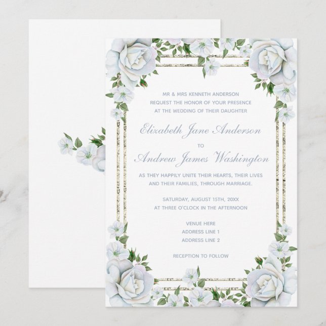 Chic Roses & Silver Border Floral Wedding Invitation (Front/Back)