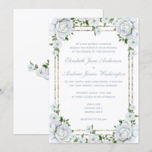 Chic Roses & Silver Border Floral Wedding Invitation
