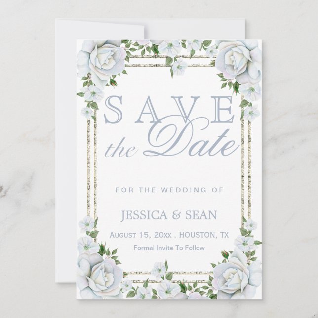Chic Roses & Silver  Border Floral Wedding Save The Date (Front)