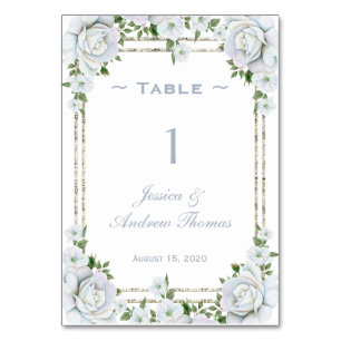 Chic Roses & Silver Border Floral Wedding Table Number