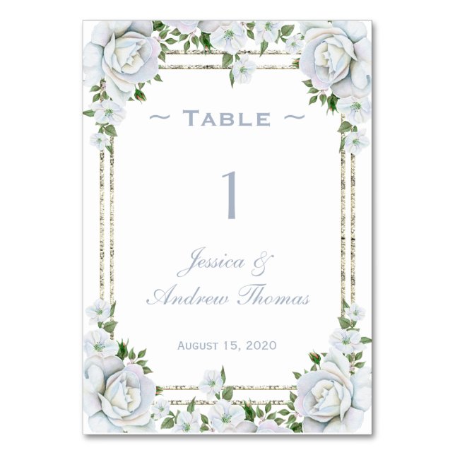 Chic Roses & Silver  Border Floral Wedding Table Number (Front)