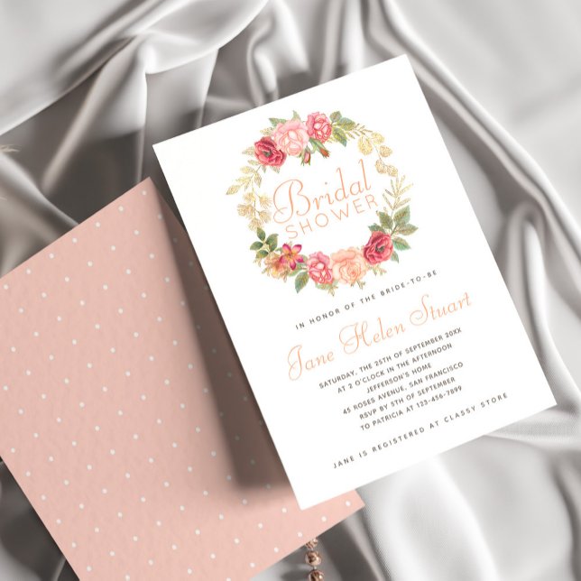 Chic roses wreath pink, peach white bridal shower invitation (Creator Uploaded)