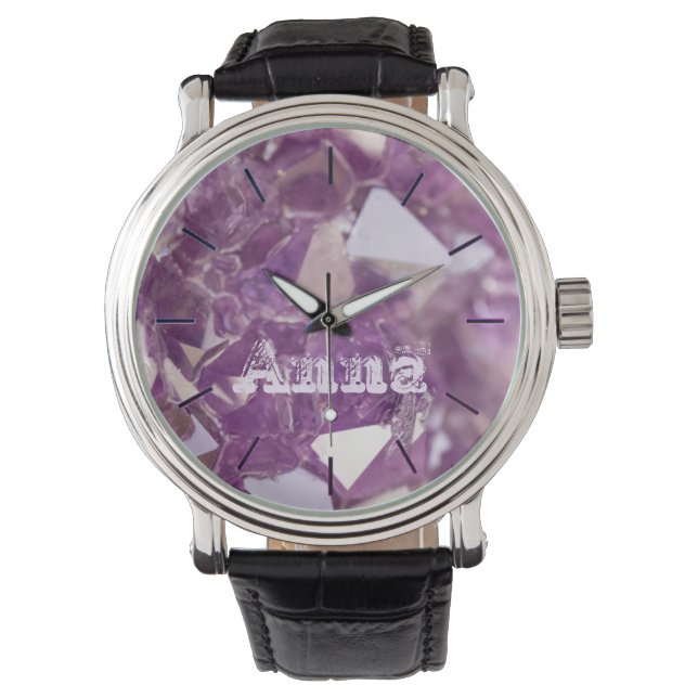 Chic Rough Amethyst and Personalised Name in Mauve Watch (Front)