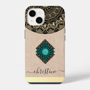 Chic Round Mandala Custom Name Girly Black Beige  iPhone 14 Case