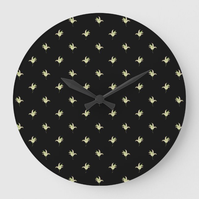 Chic Round Wall Clock: Lilies of the Valley, Black Large Clock (Front)