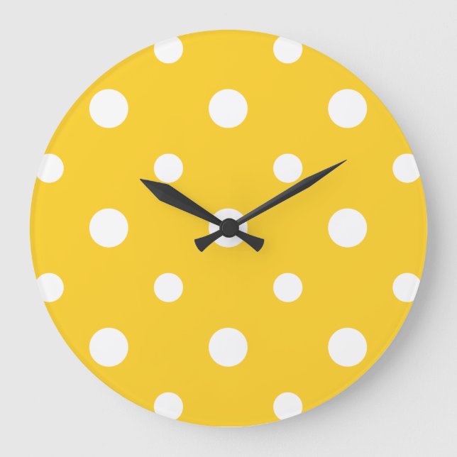 Chic Round Wall Clock White Jumbo Polkas on Yellow (Front)