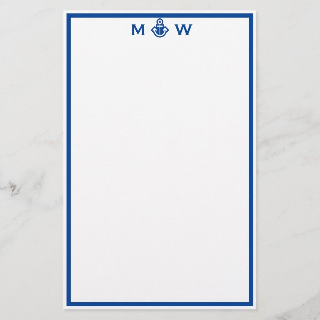 Chic Royal Blue Anchor Monogram  Stationery (Front)