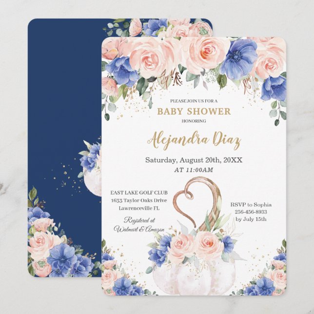 Chic Royal Blue Blush Floral Pumpkin Baby Shower Invitation (Front/Back)