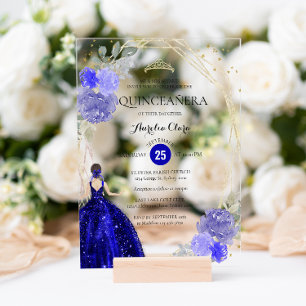Chic Royal Blue Floral Geometric Quinceañera Acrylic Invitations