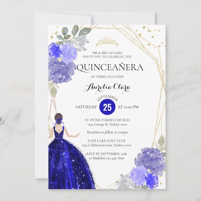 Chic Royal Blue Floral Geometric Quinceañera Invitation (Front)