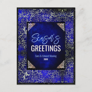 Chic royal blue floral glitter Christmas new year  Postcard