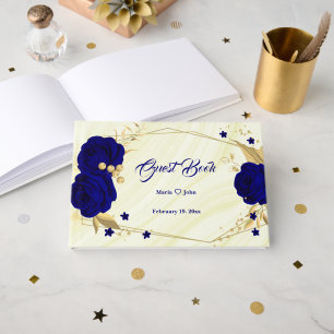 chic royal blue floral gold leaves geometric  guest book