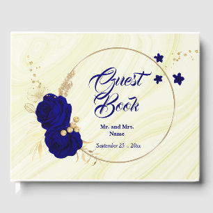 chic royal blue floral gold leaves wreath guest book