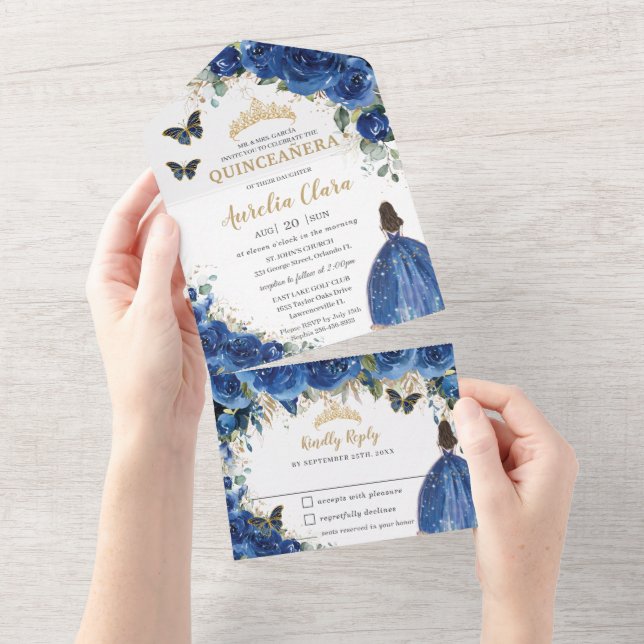 Chic Royal Blue Floral Gold Quinceanera Princess All In One Invitation (Tearaway)
