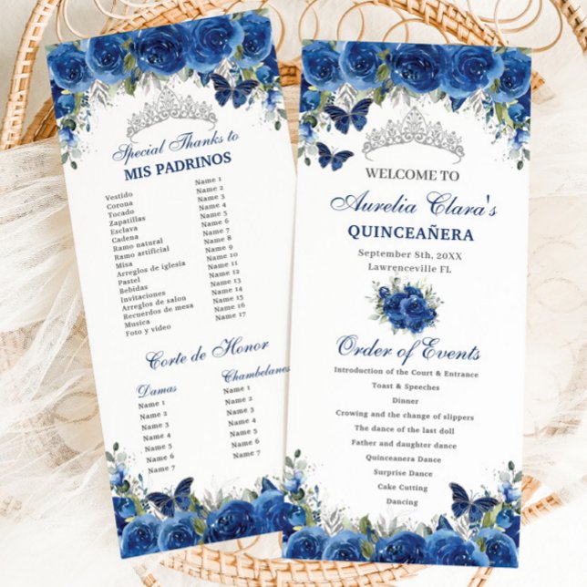 Chic Royal Blue Floral Quinceañera Order of Events Programme (Creator Uploaded)