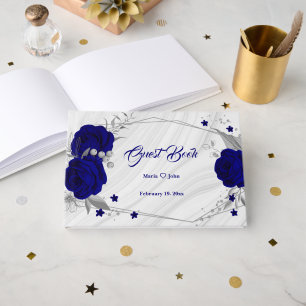 chic royal blue floral silver leaves geometric guest book