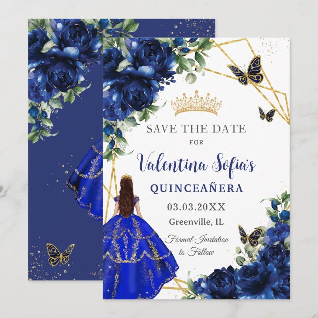 Chic Royal Blue Flowers Princess Gold Quinceañera  Save The Date (Front/Back)