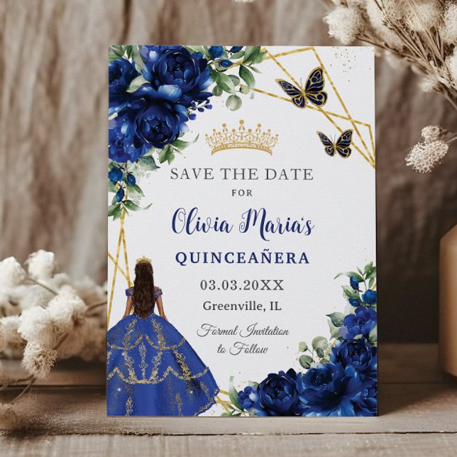 Chic Royal Blue Flowers Princess Quinceañera  Save The Date (Creator Uploaded)