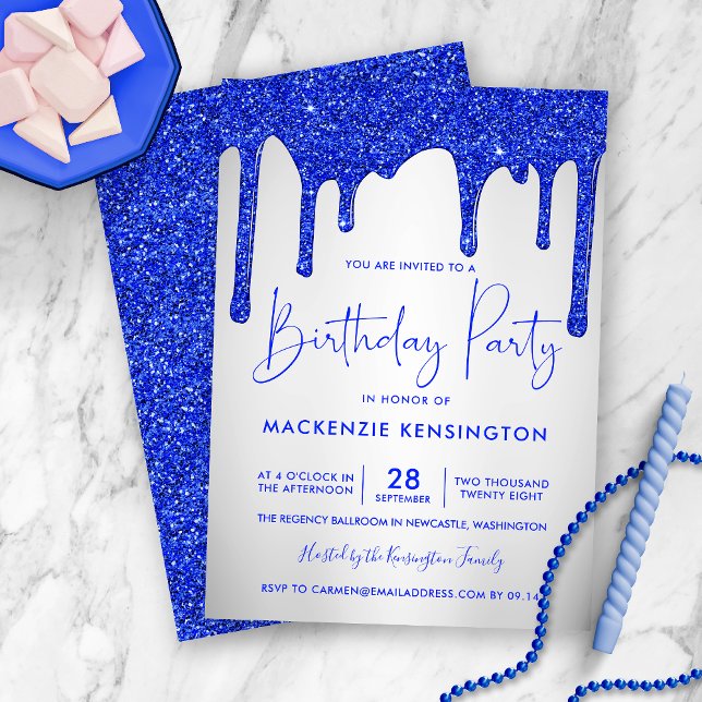 Chic Royal Blue Glitter Drips Silver Birthday Invitation (Creator Uploaded)