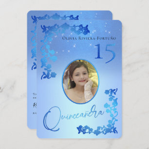 Chic Royal Blue Glitter Floral Photo Quinceanera Invitation