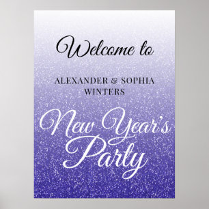 Chic Royal Blue Glitter New Years Party Welcome Poster