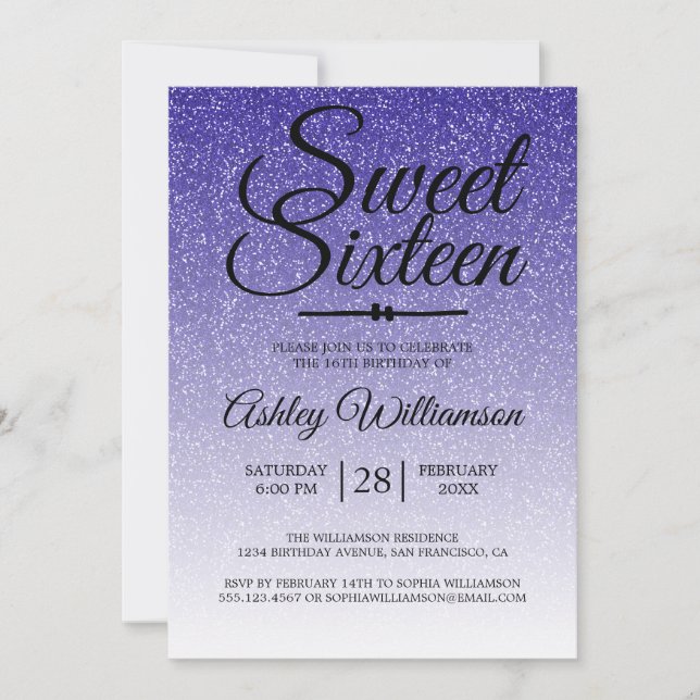 Chic Royal Blue Glitter Ombre Sweet 16 Birthday Invitation (Front)
