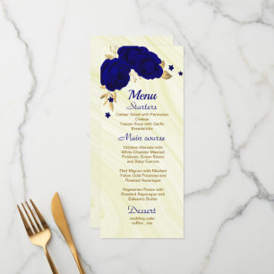 chic royal blue gold floral wedding menu