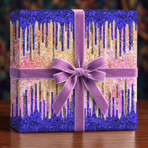 Chic Royal Blue Gold Glitter Drips Birthday Wrapping Paper
