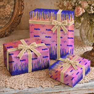 Chic Royal Blue Gold Glitter Drips Birthday Wrapping Paper Sheet