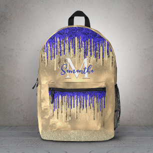 Chic royal blue gold glitter drips monogram printed backpack