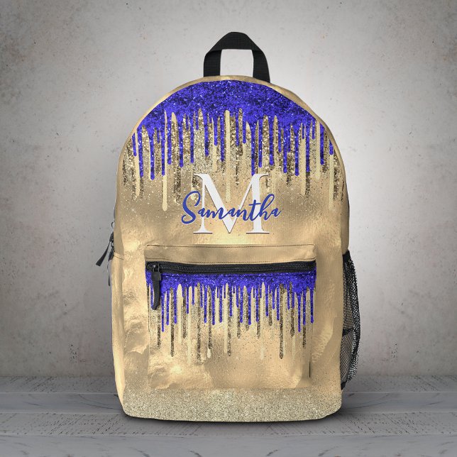 Chic royal blue gold glitter drips monogram printed backpack (Creator Uploaded)