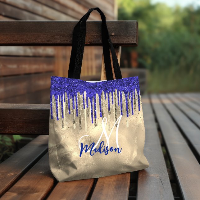 Chic royal blue gold glitter drips monogram tote bag (Creator Uploaded)