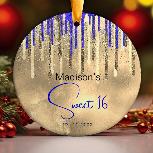 Chic royal blue gold glitter drips sweet 16 ceramic tree decoration (Creator Uploaded)