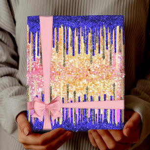 Chic royal blue gold glitter drips wrapping paper