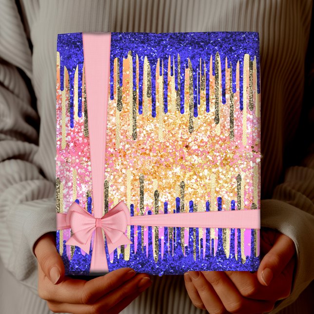 Chic royal blue gold glitter drips  wrapping paper (Creator Uploaded)