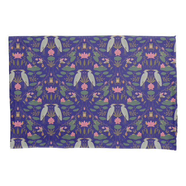 Chic Royal Blue Heron Heritage Revival Pillowcase (Front)