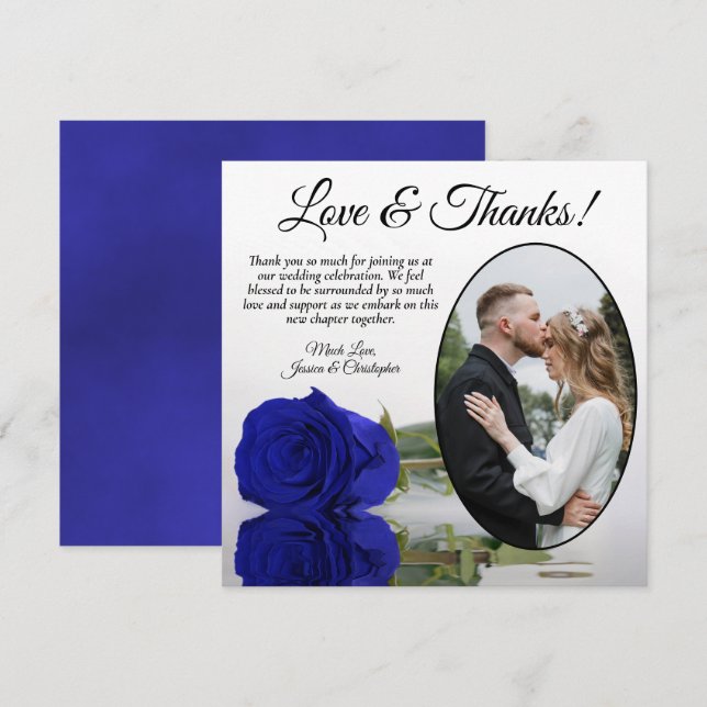 Chic Royal Blue Rose Oval Photo Romantic Wedding Thank You Card (Front/Back)