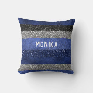 Chic Royal Blue Silver Faux Glitter Monogram Cushion