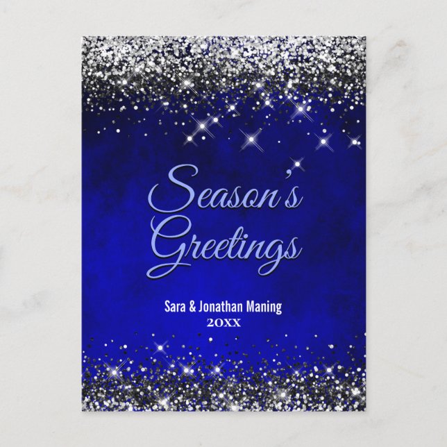 Chic royal blue silver glitter Christmas New Year Postcard (Front)