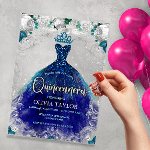 Chic royal blue teal dress floral Quinceanera  Acrylic Invitations