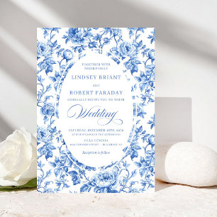 Chic Royal Blue Toile de Jouy Romantic Wedding Invitation