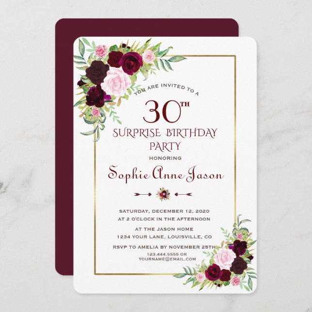 Chic Royal Burgundy Marsala Floral 30th Birthday Invitation (Front/Back)
