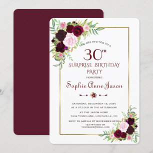 Chic Royal Burgundy Marsala Floral 30th Birthday Invitation